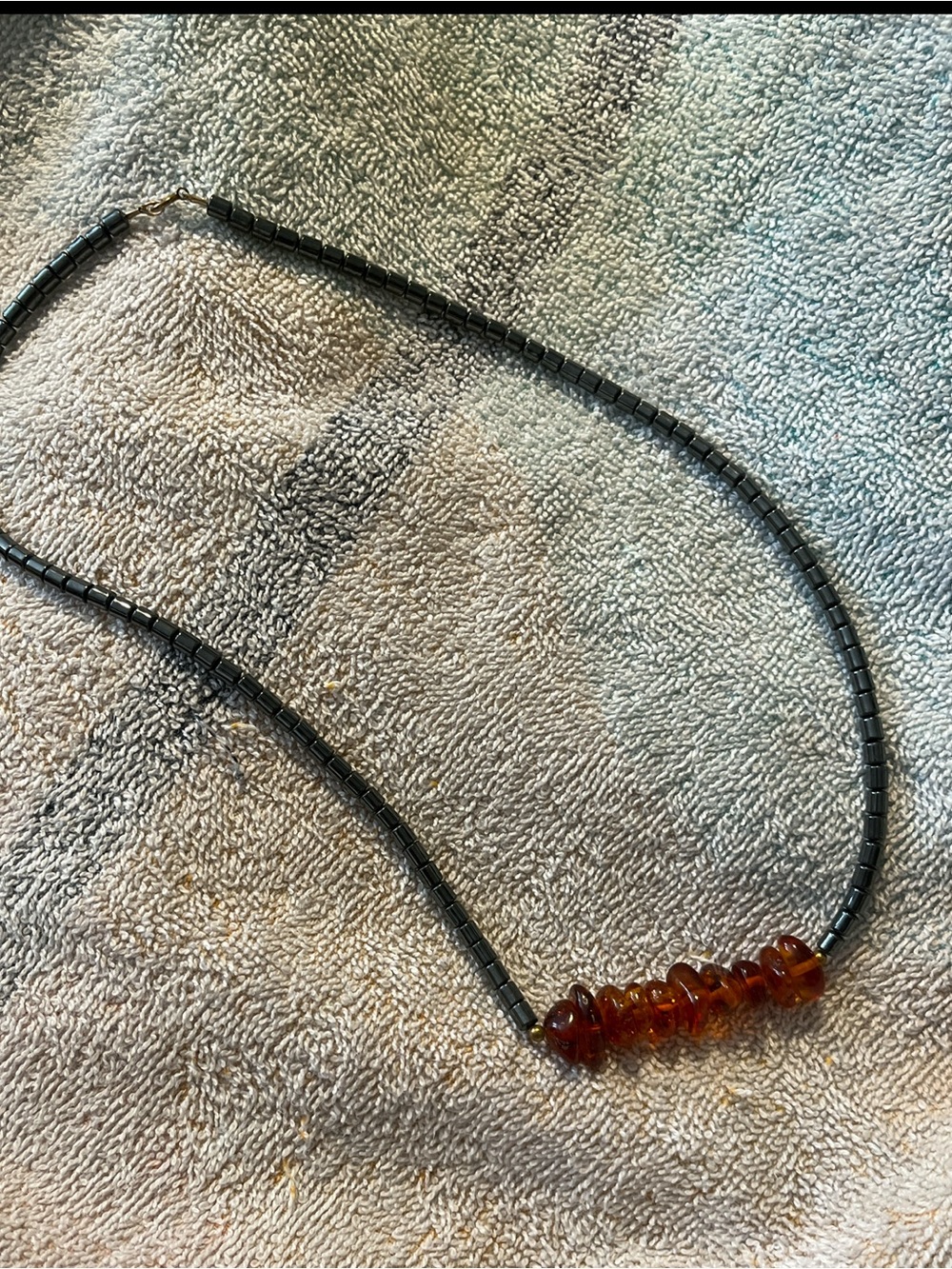 @Midnight Ember” Hematite and Amber Necklace